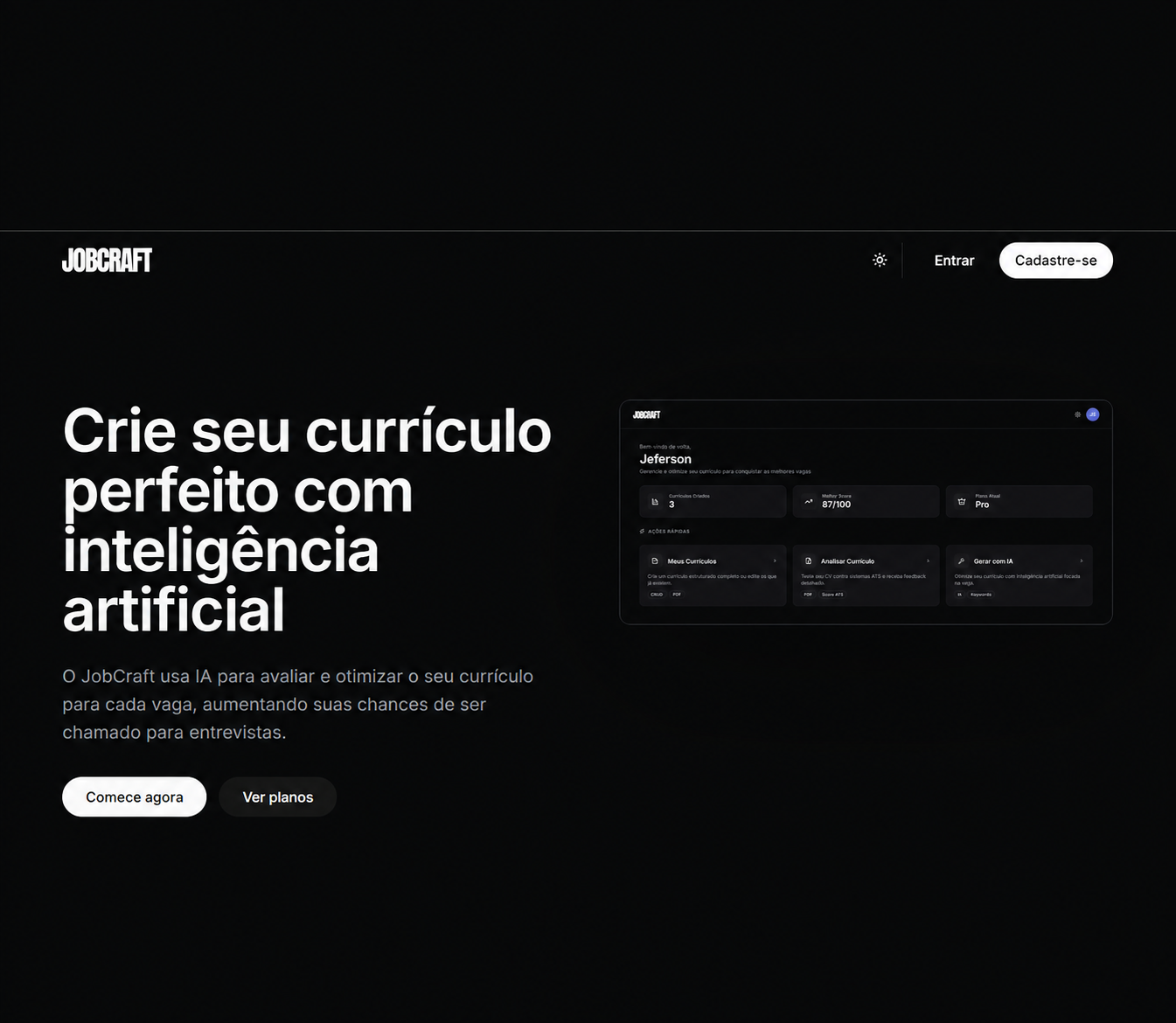 Página inicial da plataforma JobCraft